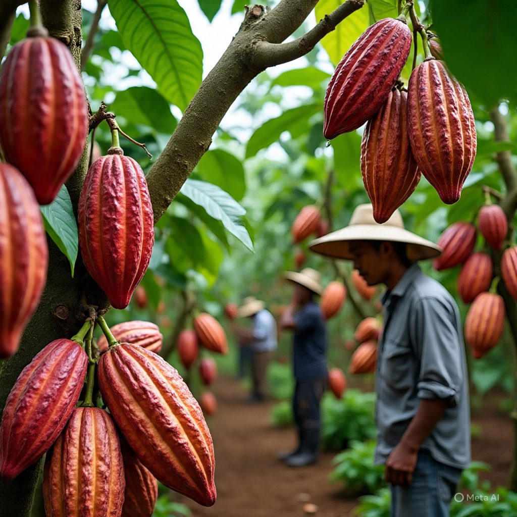 cocoa farm close up with workers